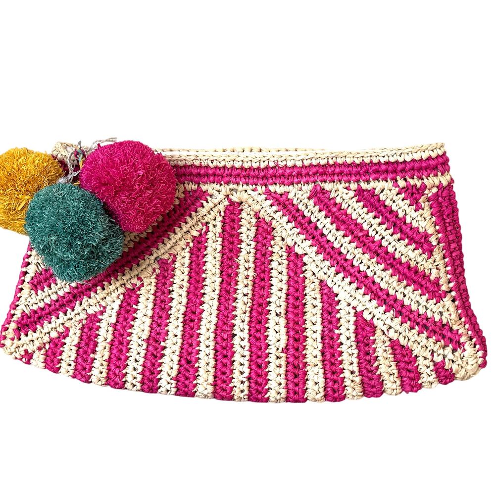 Mar Y Sol Sonia Woven Raffia Clutch Pink Tan Stripe Pom-Pom Tags Detached (NWOT)